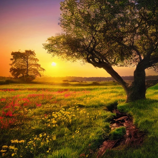 curved tree with a crown of round leaves, a river crossing the landscape, in the middle of a beautiful meadow with thousands of colorful flowers, the sea in the background, with a setting sun, a horse grazing the grass in the foreground, 3D