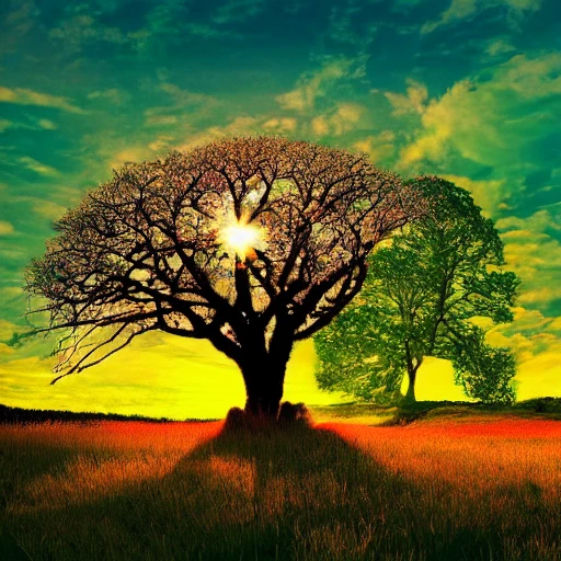 curved tree with a crown of round leaves, a river crossing the landscape, in the middle of a beautiful meadow with thousands of colorful flowers, the sea in the background, with a setting sun, a horse grazing the grass in the foreground, , Trippy