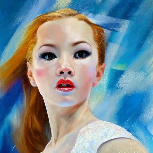 beautiful woman figure skater, at the olympics, perfect face, golden hair, blue and white dress, Oil Painting, wlop.