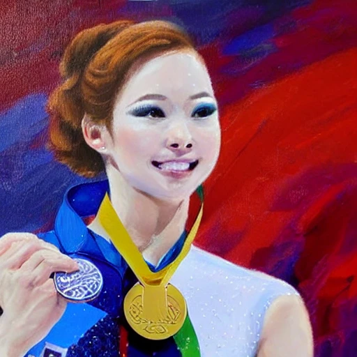 beautiful woman figure skater, at the olympics, getting a gold medal, posing at the podium, perfect face, golden hair, blue and white dress, Oil Painting, wlop.