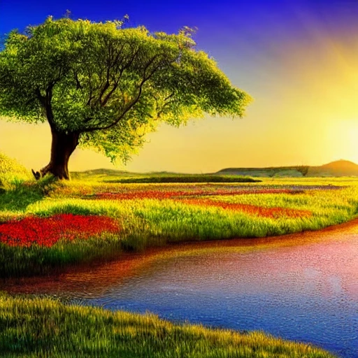 curved tree with a crown of round leaves, a river crossing the landscape, in the middle of a beautiful meadow with thousands of colorful flowers, the sea in the background, with a setting sun, a horse grazing the grass in the foreground, , Cartoon