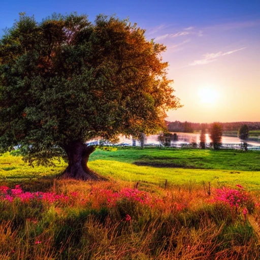 curved tree with a crown of round leaves, a river crossing the landscape, in the middle of a beautiful meadow with thousands of colorful flowers, the sea in the background, with a setting sun, a horse grazing the grass in the foreground, , Water Color