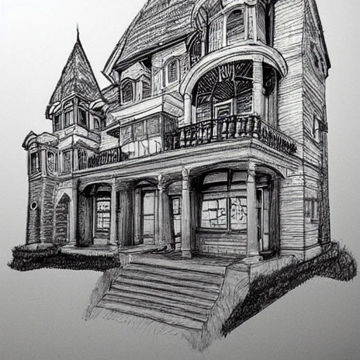 , Pencil Sketch, Trippy, Cartoon, 3D of a magnificent house