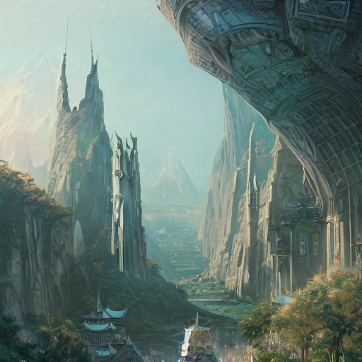 Authentic illustrations of different cities in The Lord of the Rings, futuristic Los Angeles, ancient Wudang China, Magnificent super wide angle,high quality, 8k,high resolution, city landscape, side scrolling, Rule of Thirds, 4K, Retrofuturism,by makoto shinkai,Anton Fadeev, thomas kinkade,greg rutkowski