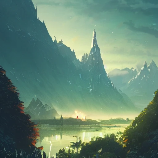 Authentic illustrations of different cities in The Lord of the Rings,Magnificent super wide angle,high quality, 8k,high resolution, city landscape, flying cars, side scrolling, Rule of Thirds, 4K, Retrofuturism,by makoto shinkai,Anton Fadeev, thomas kinkade,greg rutkowski