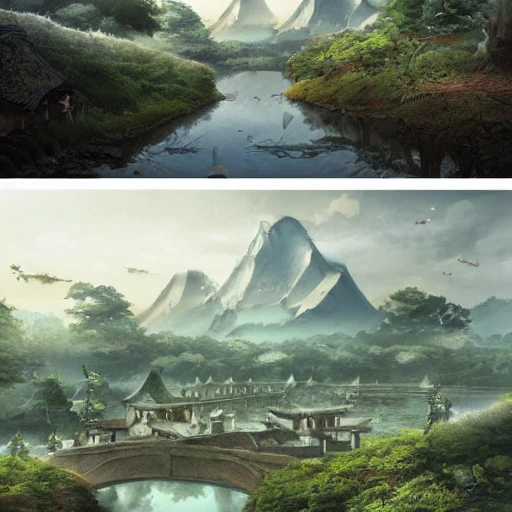 ancient tokio, hyper realistic illustration, concept art, Lord of the rings landscape
