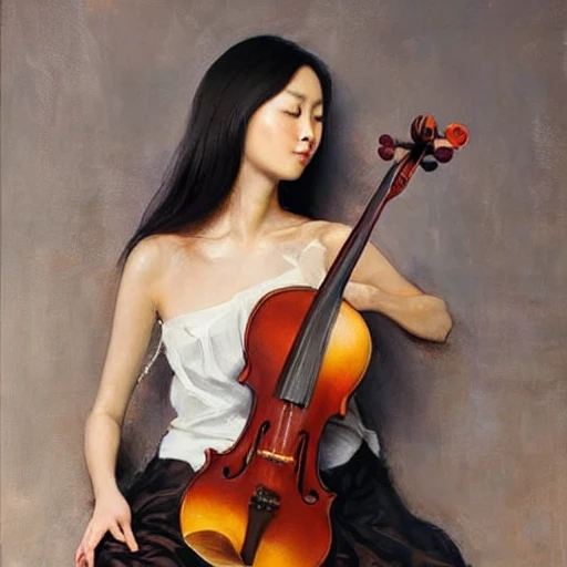 young asian slim woman with perfect skin and beautiful face plays the violin in a concert hall, Oil Painting, by ruan jia, wlop, detailed, intricate., 3D