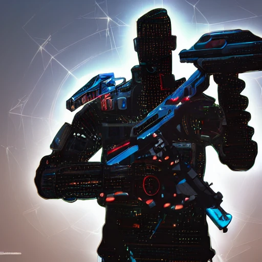 Ultra-futuristic cyberpunk soldier with high-spec cyberpunk weapons
