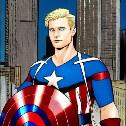 handsome, man, blonde, blue eyes, strong, superhero, futuristic city, captain america