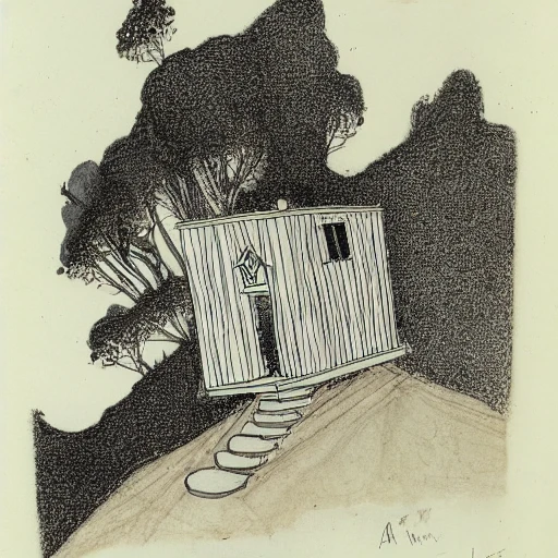 tiny house at the top of a steep mountain, Aubrey Beardsley, Pencil Sketch