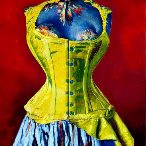 an oil painting of a tattered and torn corset on a dress form mannaquin, fauvism, 4 k resolution, 8 k resolution, trending on deviantart, Oil Painting