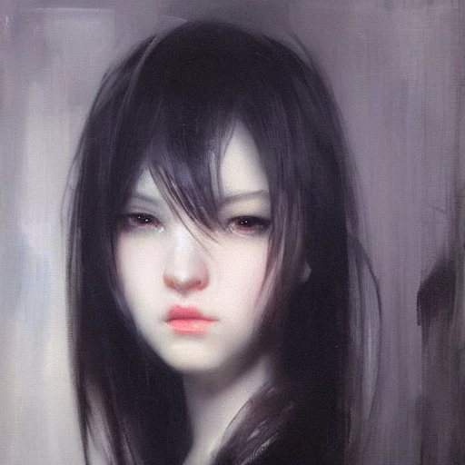 Ruan Jia, cyber, night, highly detailed face, oil painting, black hair, young and cute
