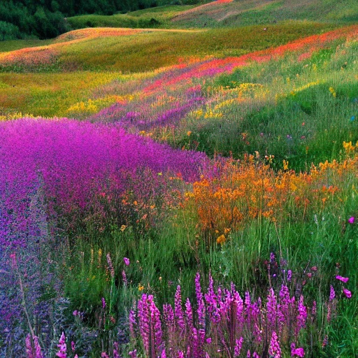 prairie de fleures variées de toutes les couleurs, ruisseau tumultueux plein de rochers, montagnes boisées en arriére plan avec un soleil couchant , Trippy