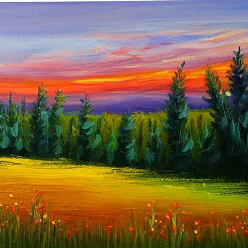 prairie de fleurs différentes de couleurs, ruisseau, montagnes et arbres millénaires en arrière-plan avec un soleil couchant , Oil Painting