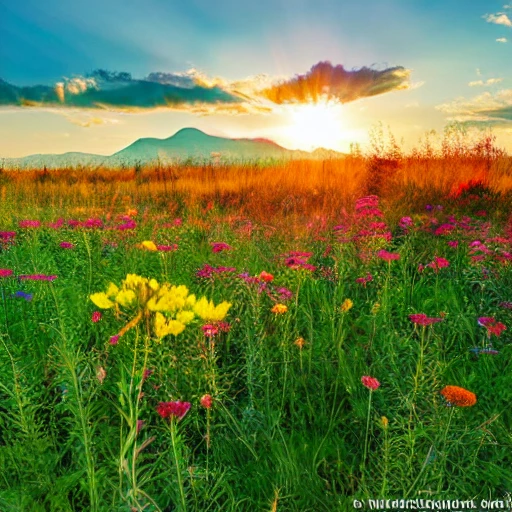 prairie de fleurs différentes de couleurs, ruisseau, montagnes et arbres millénaires en arrière-plan avec un soleil couchant , Trippy