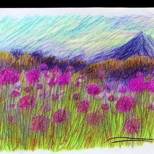 prairie de fleurs différentes de couleurs, ruisseau, montagnes et arbres millénaires en arrière-plan avec un soleil couchant , Pencil Sketch