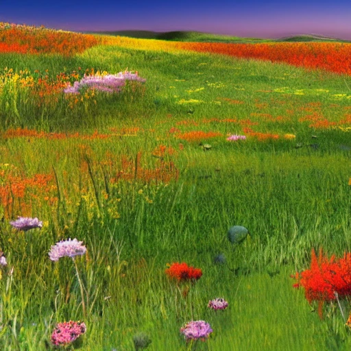 prairie de fleurs différentes de couleurs, ruisseau, montagnes et arbres millénaires en arrière-plan avec un soleil couchant , 3D