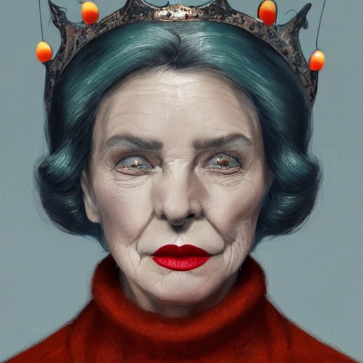 Portrait of old woman with red lips, wearing a light grey crown, crown, blue turtleneck, 1 9 5 0 s, green eyes,, black hair, orange lighting, intricate, elegant, glowing lights, highly detailed, digital painting, artstation, concept art, sharp focus, illustration, art by wlop, inking lines, mdjrny-v4 style