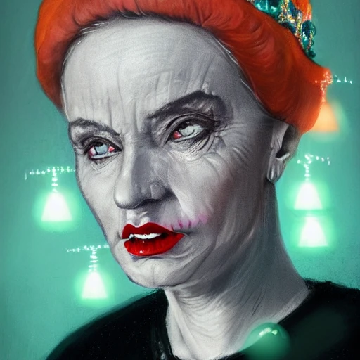 Portrait of old woman with red lips, wearing a light grey crown, crown, blue turtleneck, 1 9 5 0 s, green eyes,, black hair, orange lighting, intricate, elegant, glowing lights, highly detailed, digital painting, artstation, concept art, sharp focus, illustration, art by wlop, inking lines, mdjrny-v4 style, 3D