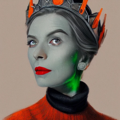 Portrait of old woman with red lips, wearing a light grey crown, crown, blue turtleneck, 1 9 5 0 s, green eyes,, black hair, orange lighting, intricate, elegant, glowing lights, highly detailed, digital painting, artstation, concept art, sharp focus, illustration, art by wlop, inking lines, mdjrny-v4 style, 3D, Oil Painting