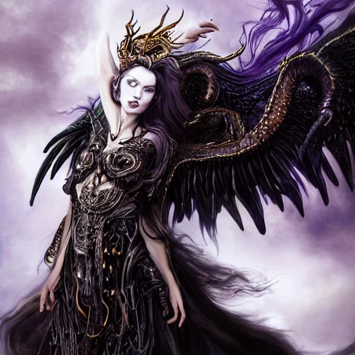 very complex hyper-maximalist overdetailed cinematic tribal darkfantasy closeup portrait of a malignant beautiful young dragon queen goddess  with long black windblown hair and dragon scale wings, Magic the gathering, pale skin and dark eyes,flirting smiling succubus confident seductive, gothic, windblown hair, vibrant high contrast, by andrei riabovitchev, tomasz alen kopera,moleksandra shchaslyva, peter mohrbacher, Omnious intricate, octane, moebius, arney freytag, Fashion photo shoot, glamorous pose, trending on ArtStation, dramatic lighting, ice, fire and smoke, orthodox symbolism Diesel punk, mist, ambient occlusion, volumetric lighting, Lord of the rings, BioShock, glamorous, emotional, tattoos,shot in the photo studio, professional studio lighting, backlit, rim lightingDeviant-art, hyper detailed illustration, 8k