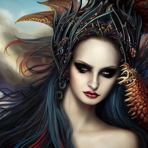 very complex hyper-maximalist overdetailed cinematic tribal darkfantasy closeup portrait of a malignant beautiful young dragon queen goddess  with long black windblown hair and dragon scale wings, Magic the gathering, pale skin and dark eyes,flirting smiling succubus confident seductive, gothic, windblown hair, vibrant high contrast, by andrei riabovitchev, god making a pathway through the sea, big walls of water, beautiful scenery, cinematic
