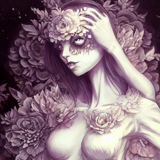 stunning anime goddess hybrid skeleton of the floral river flowers, beautiful gothic dress in a dark romance, misty, by cgsociety, in the style of charlie bowater, tom bagshaw, intricate, beautiful, artstation 8 k, high resolutionsparkling atom fractals of jewls cords, by alex grey and hr giger
