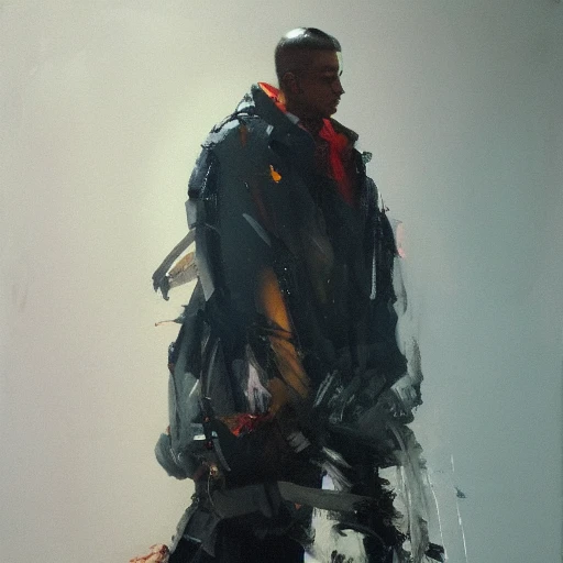 musclepunk wearing an oversized jacket, night time, highly detailed face, oil painting, by ruan jia 