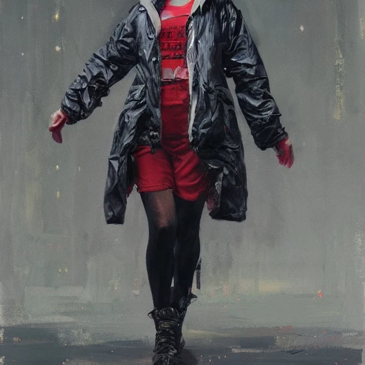 girl musclepunk wearing an oversized jacket, night time, highly detailed face, oil painting, by ruan jia 