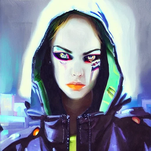 girl cyberpunk wearing an oversized jacket, night time, highly detailed face, oil painting