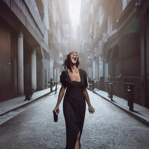 Photo of a beautiful tall woman, beautiful face with A great laugh and a lot of joy, walking on a street, hyperrealist, highly detailed, volumetric lighting, shadow depth, dynamic composition, rule of thirds, 8 k resolution, Canon EOS R3