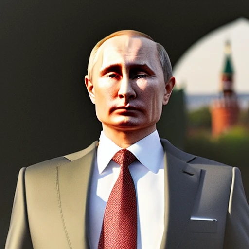 putin , in a tight white suite, standing in front of the kremlin , ultra realistic , golden hour , sharp focus , cinematic Look

