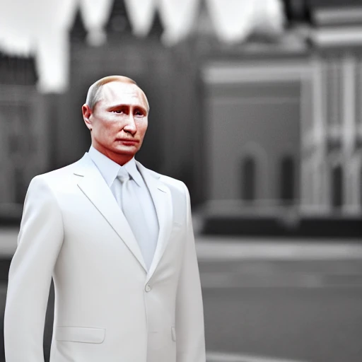 putin , in a tight white suite, standing in front of the kremlin , ultra realistic , golden hour , sharp focus , cinematic Look, 4k

