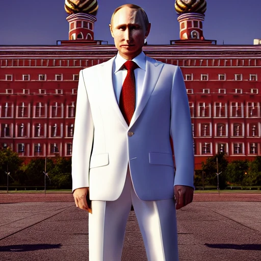 putin , in a tight white suite, standing in front of the kremlin , ultra realistic , golden hour , sharp focus , cinematic Look, 4k

