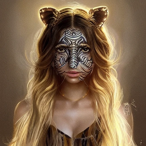 Tiger girl portrait, long hair in a braid, tiger ears, striped fur, pretty visuals, aesthetic, shadow effect, shimmer, glow, golden, glowing, insanely detailed and intricate, highly detailed, artstation by wlop, by artgerm, art by tom bagshaw, atey ghailan, andrew atroshenko, stanley artgerm.


