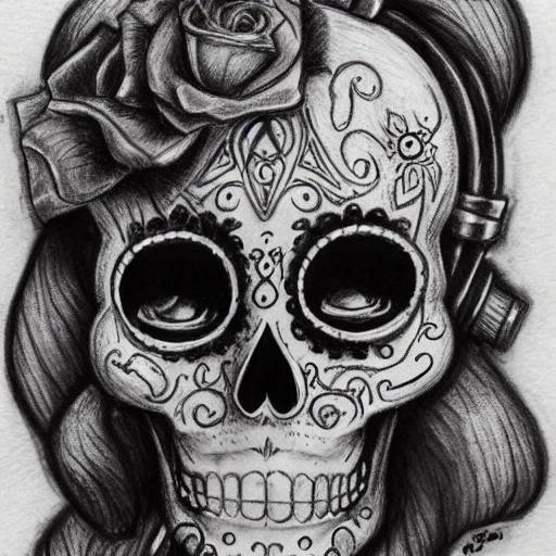 steampunk sugar skull pencil sketch