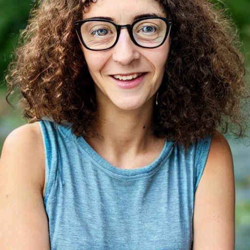 short jewish woman with long curly grey hair, square jaw, writer, frameless glasses, blue eyes, very small nose, wide smile