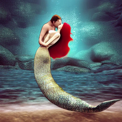 mermaid kissing. render art., 3D