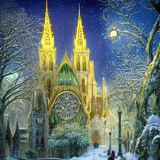 solarpunk,city, green,plants, buildings, art nouveau, concept art, fantasy, elaborate, highly detailed Fantasy bigest cathédrale complete in winter, snow covered trees in a detailed epic winter landscape with a stream, with sparkles, with snow falling, gediminas pranckevicius, intricate complex defined maximalist photorealistic matte painting, bright colors, 8K resolution, polished ethereal divine magical, mountain in backgroud and sun