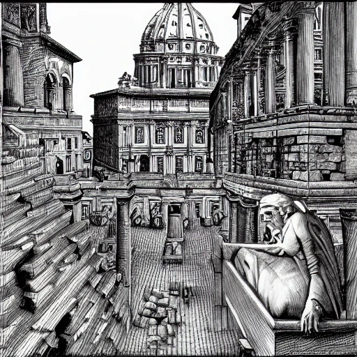 Nero watching Rome burn, , Cartoon, 3D, Pencil Sketch, mc Escher
