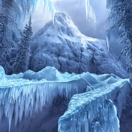 mountains covered with ice, waves of ice, frozen as it falls, trees, detailed animals, frozen alive, authentic surreal  Fantasy, Close-up, Cold Color Palette, Horrifying, Detailed Render, Realistic, Dramatic, Fear, Anaglyph, Fantasy, Fantasy