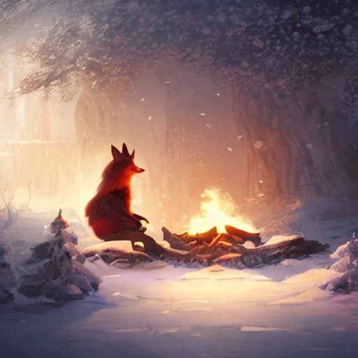 Illustration of a fantasy world where a girl is sitting on ice with a happy fox, wolf, and bird by the fire, Oil Painting, detailed, Fantasy, Visual Novel, Cinematic, Color Grading, Beautiful Lighting, Warm Color Palette, Lonely, Serene, Happy, by Greg Rutkowski