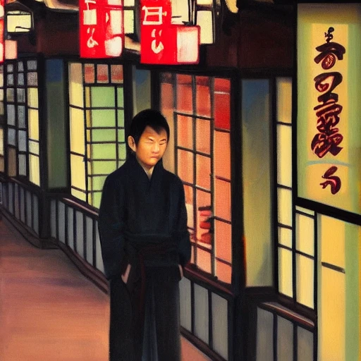 by gogan, , Oil Painting, people in japan, city, dramatic lighting, perfect face