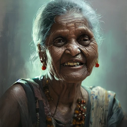 Portrait of a beautiful happy old Indian woman, by Jeremy Mann, sharp focus, detailed face, big smile, dark fantasy concept art, by Greg Rutkowski, hyperdetailed, WLOP, dynamic lighting, hyperdetailed, Unreal Engine 5, volumetric lighting, hypermaximalist, trending on