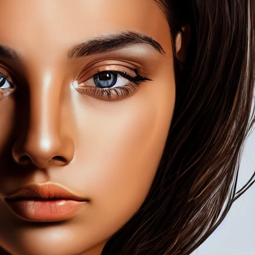 Female with beautiful symmetrical face, perfect tanned skin, perfect voluminous hair, balanced face, good lighting, close up of face, reflection in eye, minimalism, impressionism, modern woman, photograph with a Hasselblad H3DII, raytraced, oil painting