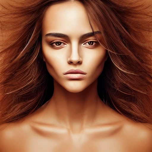 Female with beautiful symmetrical face, perfect tanned skin, perfect voluminous hair, balanced face, good lighting, close up of face, reflection in eye, minimalism, impressionism, modern woman, photograph with a Hasselblad H3DII, raytraced, oil painting, trending on instagram