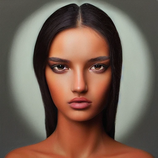 Female with beautiful symmetrical face, perfect tanned skin, perfect voluminous hair, balanced face, good lighting, close up of face, reflection in eye, minimalism, impressionism, modern woman, photograph with a Hasselblad H3DII, raytraced, oil painting, trending on instagram