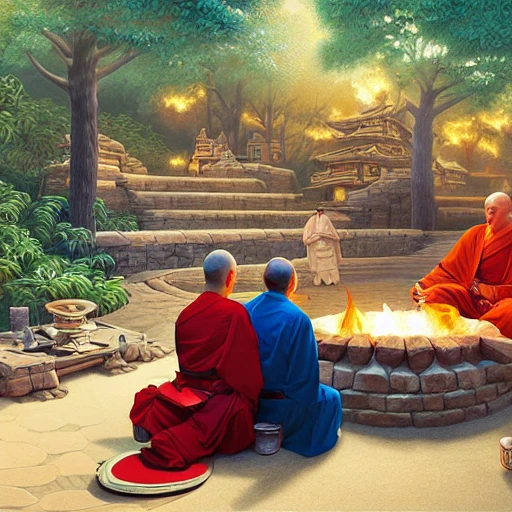 a group of people sitting around a fire pit, cg society contest winner, conceptual art, ancient japanese monk, airbrush digital oil painting, banner, laurent durieux