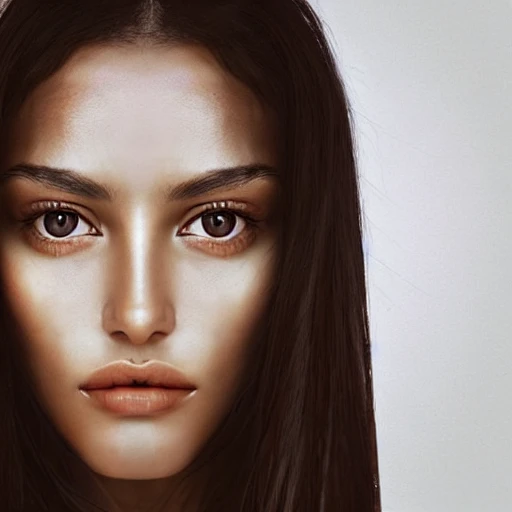 Female with beautiful symmetrical face, perfect tanned skin, perfect voluminous hair, balanced face, good lighting, close up of face, reflection in eye, minimalism, impressionism, modern woman, photograph with a Hasselblad H3DII, raytraced, oil painting, trending on instagram, good face proportions