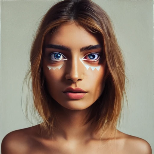Female with beautiful symmetrical face, perfect tanned skin, perfect voluminous hair, balanced face, good lighting, close up of face, reflection in eye, minimalism, impressionism, modern woman, photograph with a Hasselblad H3DII, raytraced, oil painting, trending on instagram, good face proportions